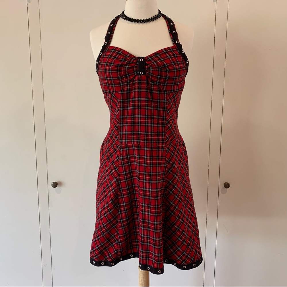 Tripp NYC red plaid halter dress size L